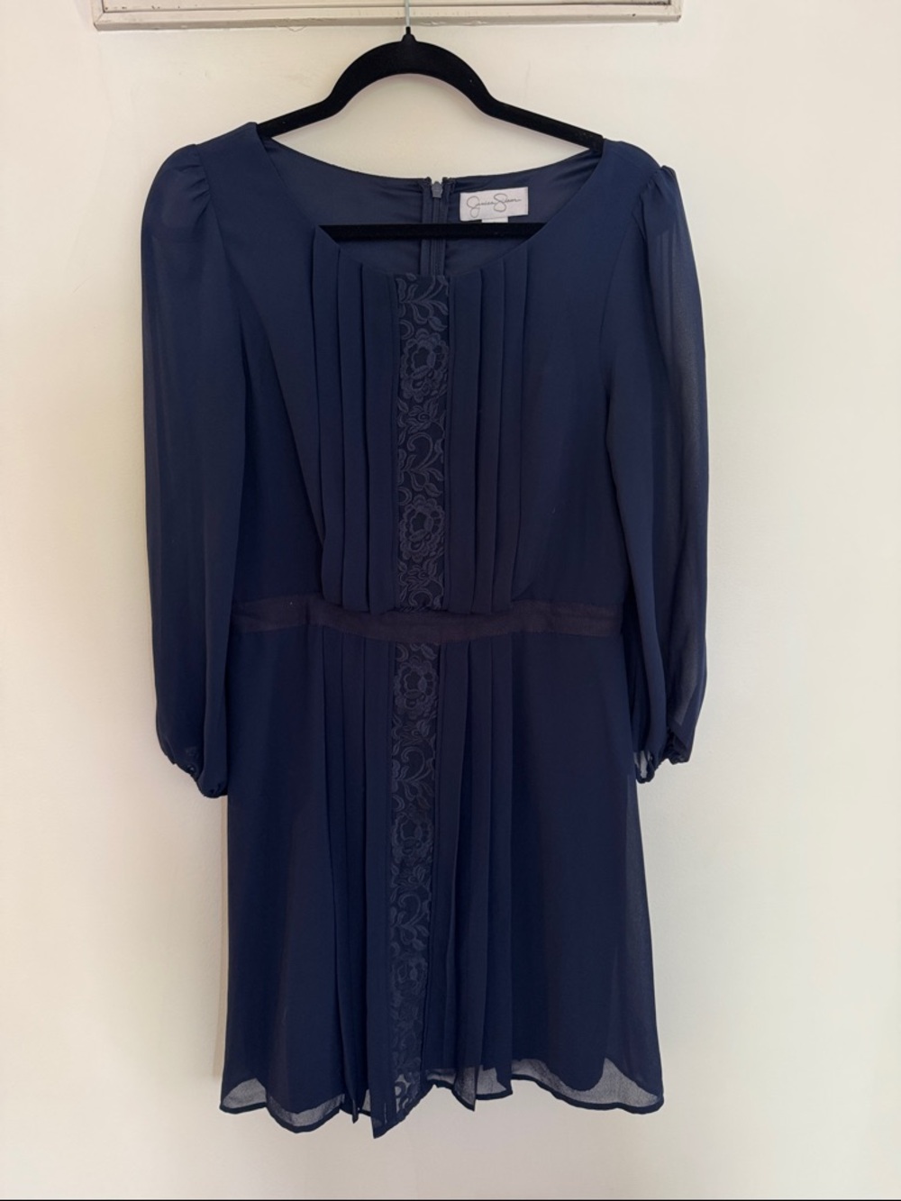 Jessica Simpson Navy Pleated Front Long Sleeve Dress